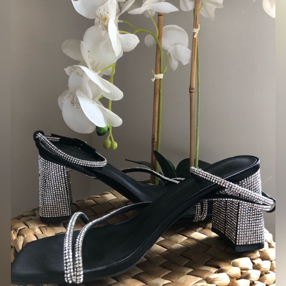Black Crystal-Strap Block Heel Sandals